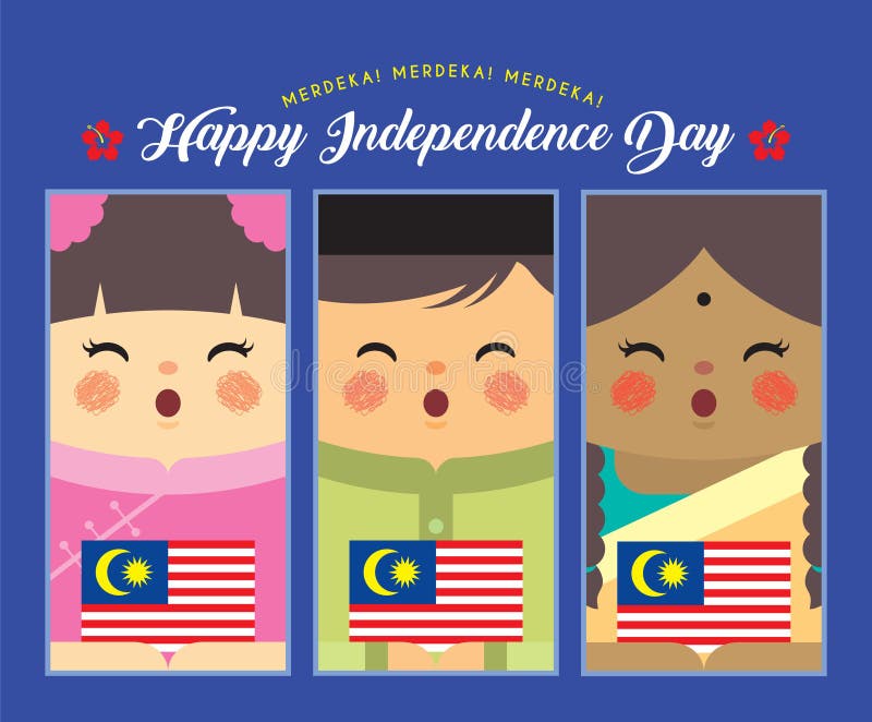Festa dell'indipendenza della Malesia - bandiera malese, indiana & cinese del fumetto della tenuta della Malesia illustrazione di stock Festa dell'indipendenza della Malesia - bandiera malese, indiana & cinese del fumetto della tenuta della Malesia illustrazione di stock