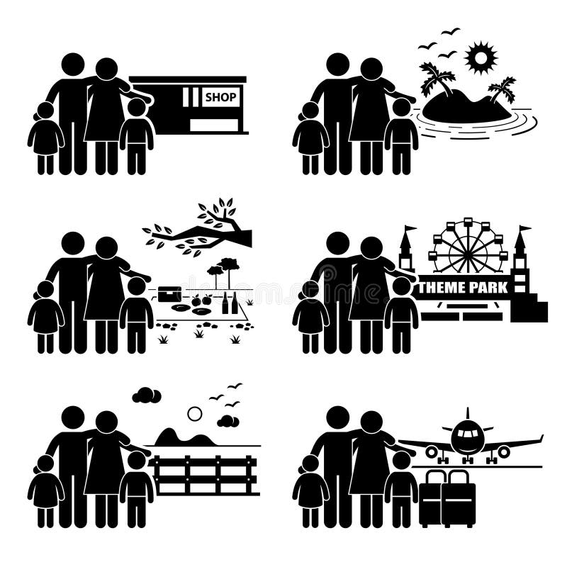 A set of human pictogram representing a family on a vacation at different places such as shopping mall, island, picnic, theme park, garden park, and airport. A set of human pictogram representing a family on a vacation at different places such as shopping mall, island, picnic, theme park, garden park, and airport.