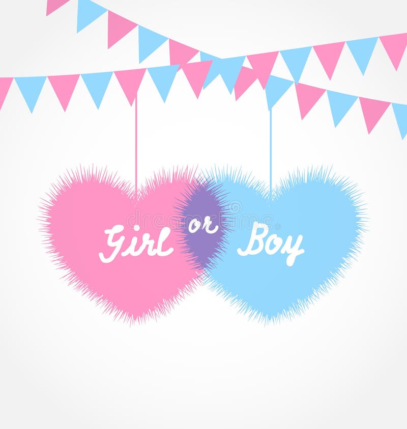 Illustration pink and blue baby shower in form hearts with hanging pennants - vector. Illustration pink and blue baby shower in form hearts with hanging pennants - vector