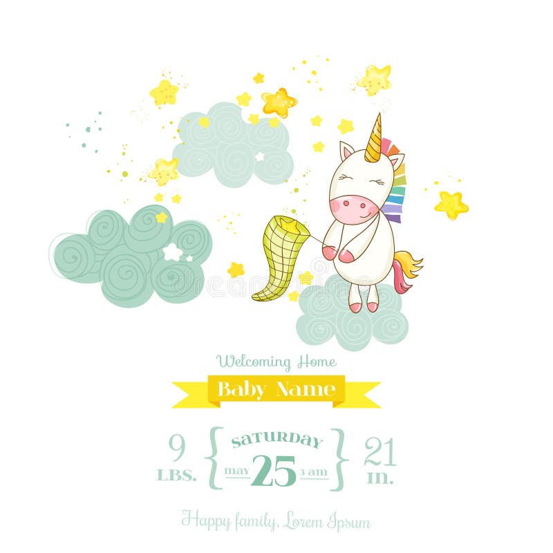 Festa do bebê ou cartão de chegada - bebê Unicorn Girl ilustração do vetor Festa do bebê ou cartão de chegada - bebê Unicorn Girl ilustração do vetor