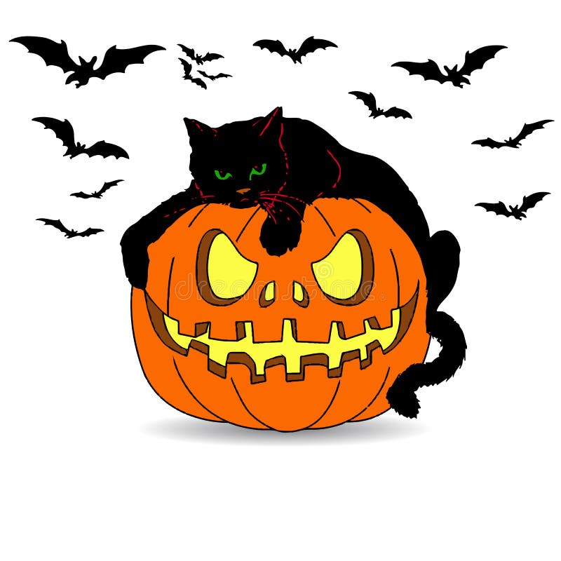 Festa Halloween Il gatto nero si trova su una zucca, fumetto illustrazione di stock Festa Halloween Il gatto nero si trova su una zucca, fumetto illustrazione di stock