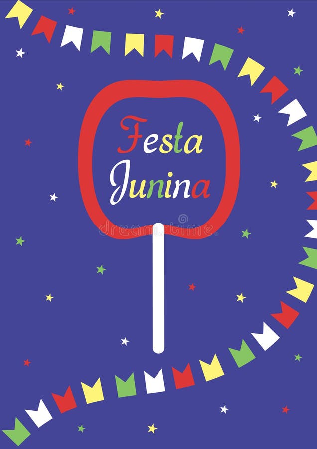 Festa Junina affiche L'inscription dans la pomme en caramel, guirlande des drapeaux et étoiles sur un fond bleu-foncé illustration de vecteur Festa Junina affiche L'inscription dans la pomme en caramel, guirlande des drapeaux et étoiles sur un fond bleu-foncé illustration de vecteur