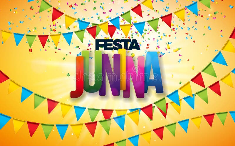 Festa Junina Illustration with Party Flags, Colorful Confetti and Typography Letter on Yellow Background. Vector Brazil