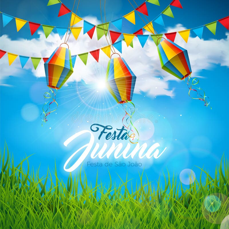 Festa Junina Illustration with Party Flags and Paper Lantern on Blue Cloudy Sky Background. Vector Brazil June Festival