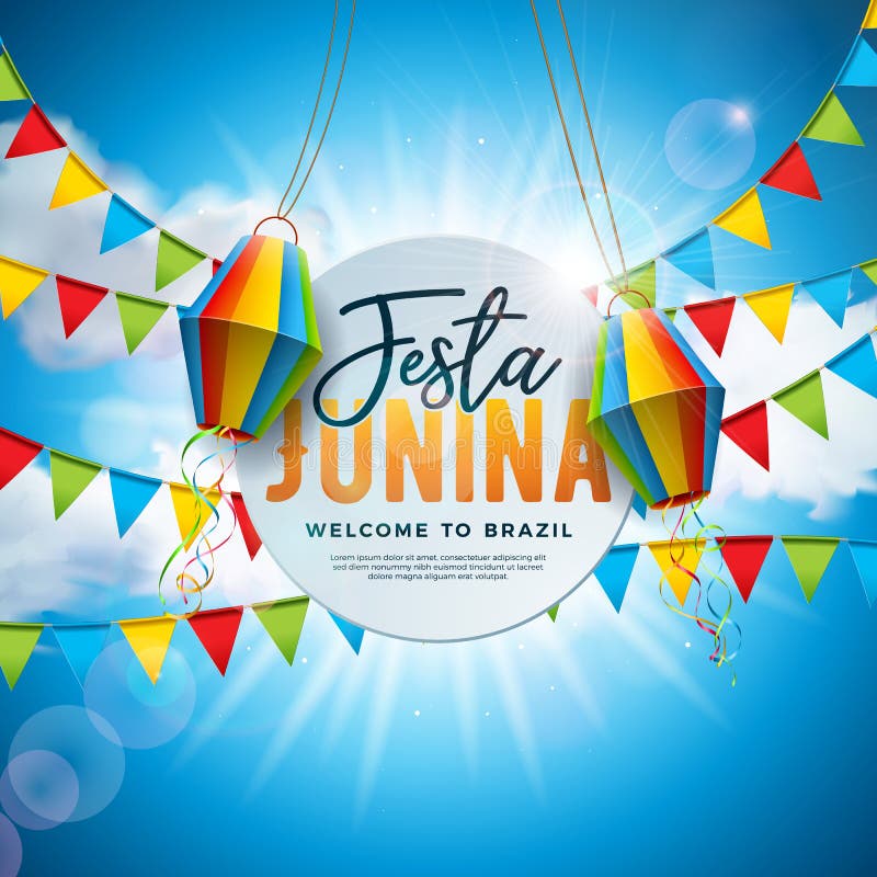 Festa Junina Illustration with Party Flags and Paper Lantern on Blue Cloudy Sky Background. Vector Brazil June Festival