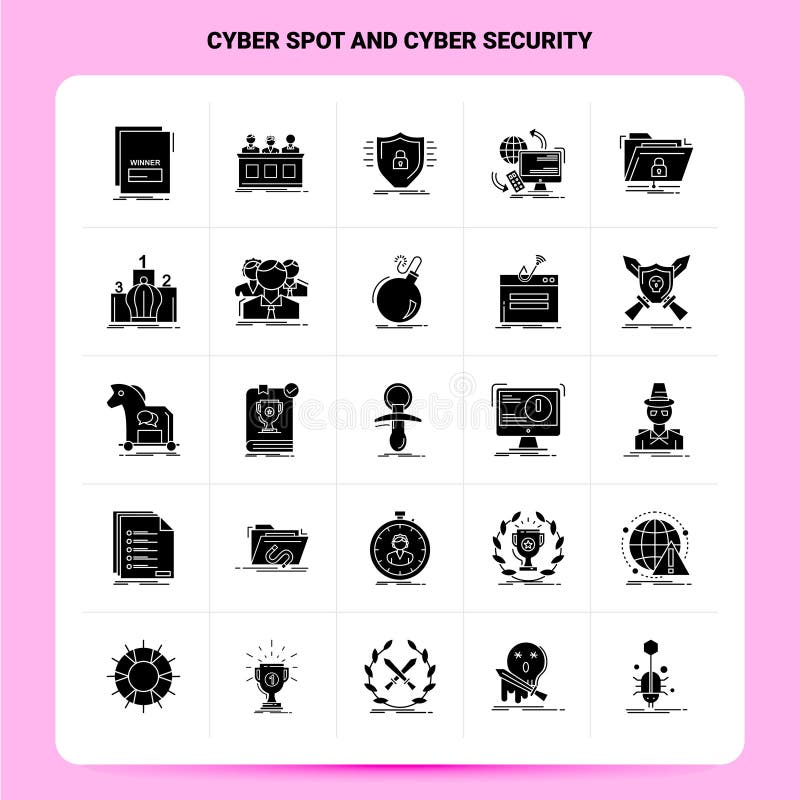 Feste Stelle des Cyberkrieg -25 und Internetsicherheits-Ikonensatz Vektor Glyph-Art-Entwurfs-Schwarz-Ikonen-Satz Netzwerk- und Mo lizenzfreie abbildung