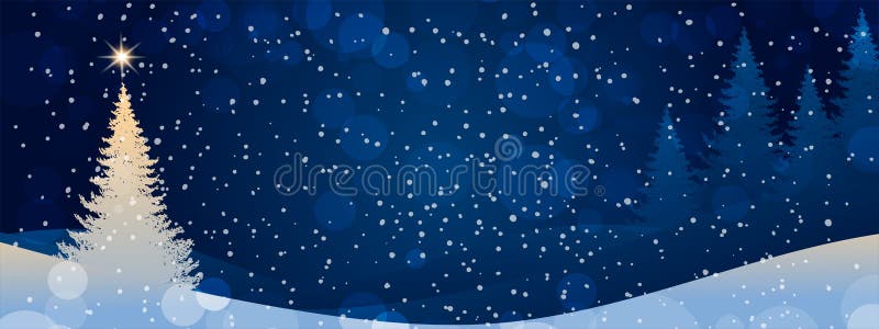 Festive banner with Christmas tree. A star illuminates a Christmas tree. Winter night background with falling snow. New Year card with place for text. Stock vector illustration. Festive banner with Christmas tree. A star illuminates a Christmas tree. Winter night background with falling snow. New Year card with place for text. Stock vector illustration.