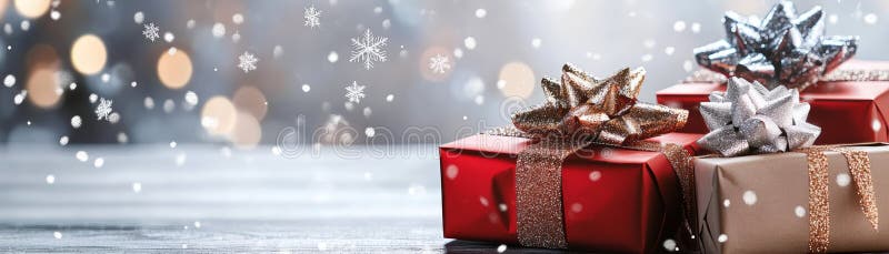 Festiva presentlådor med band och bovar omgivna av mjukt snöfall och mousserande ljus perfekt för turister på semester stock illustrationer