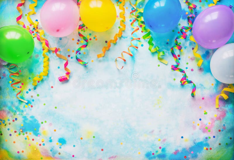 Festival, carnival or birthday party frame with balloons, streamers and confetti on colorful background with copy space