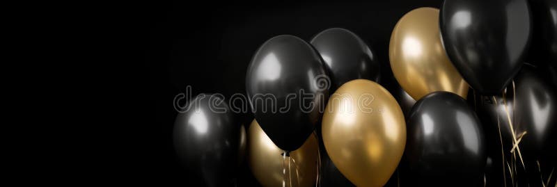 Célébration Anniversaire Fanion Ballons Sur Fond Noir Or, Or Noir