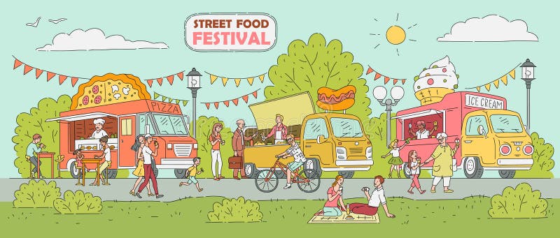 Festival de la comida de la calle - camión del helado, coche del vendedor de la pizza, soporte del perrito caliente