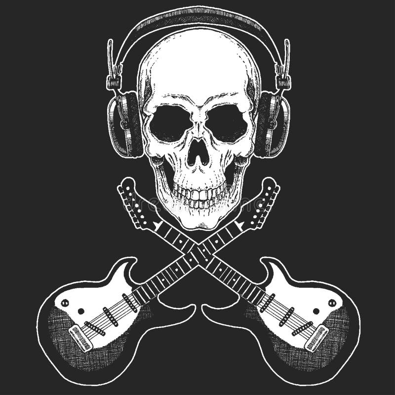 Festival de música rock Refresque la impresión para el cartel, bandera, camiseta Auriculares que llevan del cráneo con la guitarr libre illustration Festival de música rock Refresque la impresión para el cartel, bandera, camiseta Auriculares que llevan del cráneo con la guitarr libre illustration
