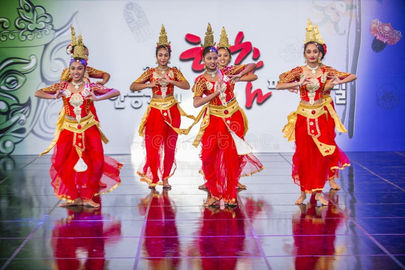 ANDONG , SOUTH KOREA - OCT 01 : Srilankan dancers from Hillwood College Dance Troupe perform at the Maskdance festival held in Andong South Korea on October 01 2018. ANDONG , SOUTH KOREA - OCT 01 : Srilankan dancers from Hillwood College Dance Troupe perform at the Maskdance festival held in Andong South Korea on October 01 2018