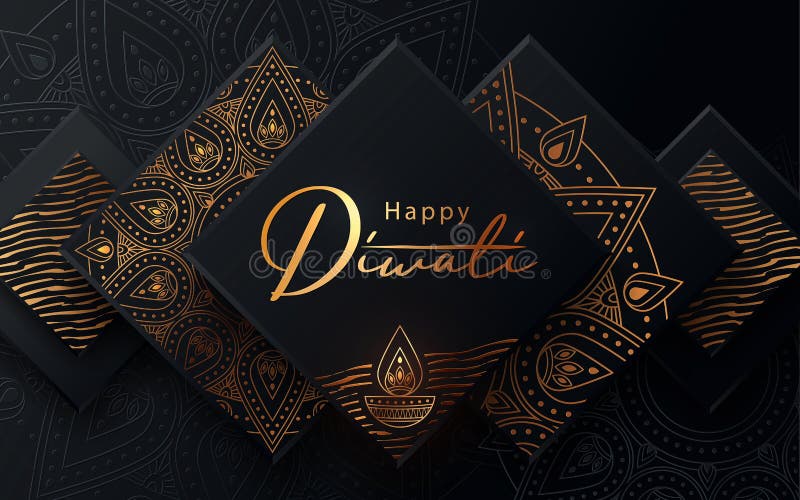 Festival Diwali design moderne luxe en papier découpé avec motif doré et lampe à huile sur fond de texture noire