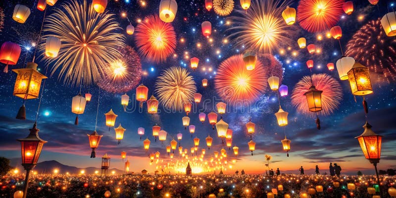 Festival night sky with sparkling fireworks and glowing lanterns vector illustration