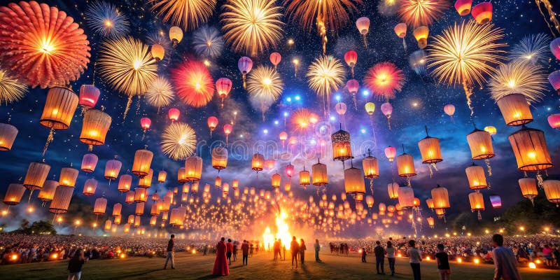 Festival night sky with sparkling fireworks and glowing lanterns stock illustration