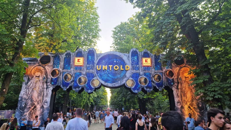 3-6 August 2023. Untold Festival, the largest electronic music festival held in Romania, on Cluj Arena stadium in Cluj-Napoca. Entrance in the Central Park, with the Untold sign. 3-6 August 2023. Untold Festival, the largest electronic music festival held in Romania, on Cluj Arena stadium in Cluj-Napoca. Entrance in the Central Park, with the Untold sign.