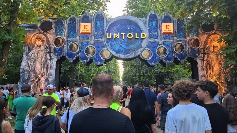 3-6 August 2023. Untold Festival, the largest electronic music festival held in Romania, on Cluj Arena stadium in Cluj-Napoca. Entrance in the Central Park, with the Untold sign. 3-6 August 2023. Untold Festival, the largest electronic music festival held in Romania, on Cluj Arena stadium in Cluj-Napoca. Entrance in the Central Park, with the Untold sign.