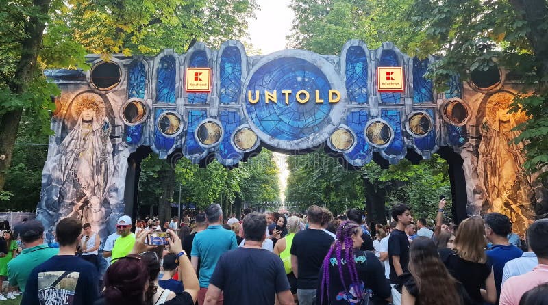 3-6 August 2023. Untold Festival, the largest electronic music festival held in Romania, on Cluj Arena stadium in Cluj-Napoca. Entrance in the Central Park, with the Untold sign. 3-6 August 2023. Untold Festival, the largest electronic music festival held in Romania, on Cluj Arena stadium in Cluj-Napoca. Entrance in the Central Park, with the Untold sign.