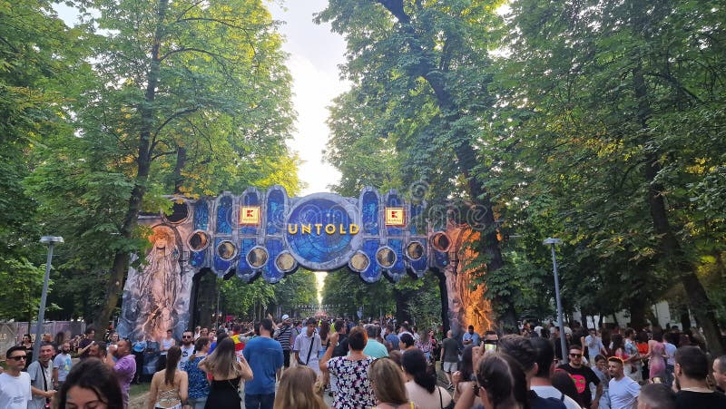 3-6 August 2023. Untold Festival, the largest electronic music festival held in Romania, on Cluj Arena stadium in Cluj-Napoca. Entrance in the Central Park, with the Untold sign. 3-6 August 2023. Untold Festival, the largest electronic music festival held in Romania, on Cluj Arena stadium in Cluj-Napoca. Entrance in the Central Park, with the Untold sign.