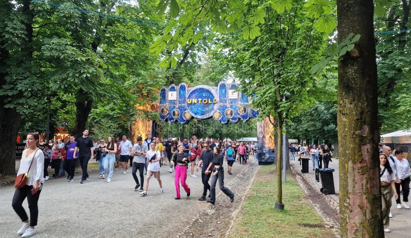 3-6 August 2023. Untold Festival, the largest electronic music festival held in Romania, on Cluj Arena stadium in Cluj-Napoca. Entrance in the Central Park, with the Untold sign. 3-6 August 2023. Untold Festival, the largest electronic music festival held in Romania, on Cluj Arena stadium in Cluj-Napoca. Entrance in the Central Park, with the Untold sign.