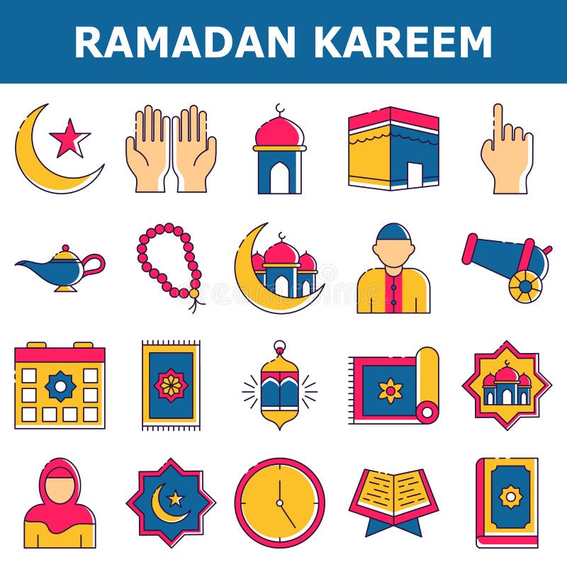 Festivalul islamic Ramadan Kareem, plin de culori, cu pictograme pe linie. editare simplă stock illustration