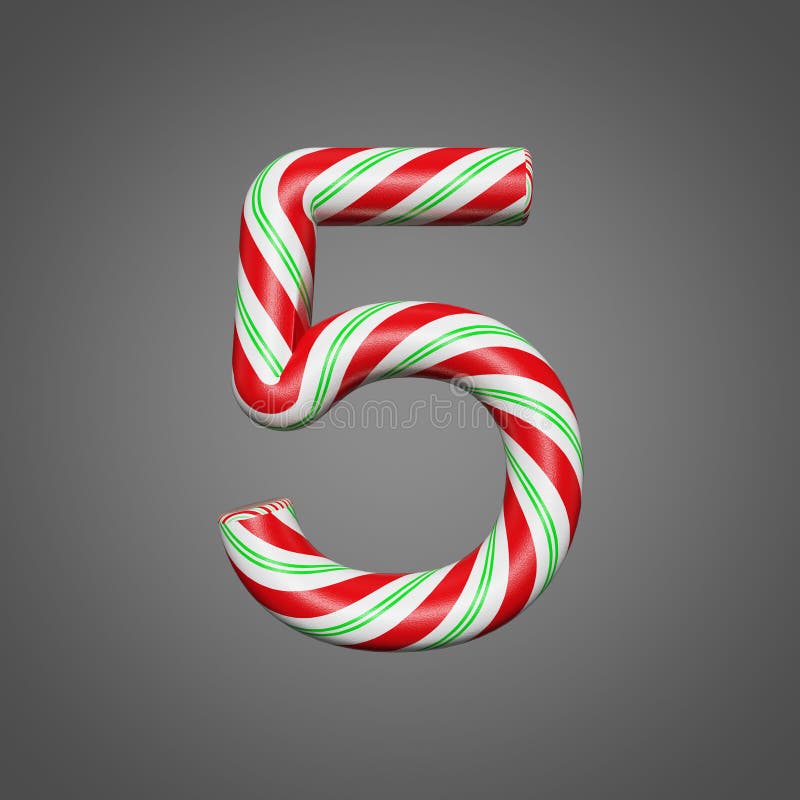 Festive alphabet number 5. Christmas font made of mint striped candy canes. 3D render on gray background.