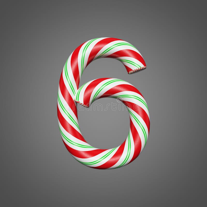 Festive alphabet number 6. Christmas font made of mint striped candy canes. 3D render on gray background.