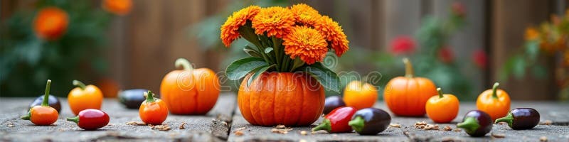 Festive autumn arrangement with pumpkins and marigolds on rustic table royalty free stock photography