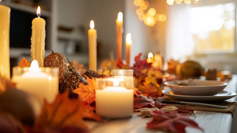 Festive autumn table setting with candles, pumpkins, and fall leaves stock photos