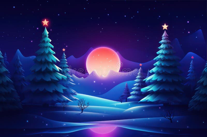 Dive into a unique Christmas background, where synthetic waves blend seamlessly with pine trees and shimmering balls, all under the gentle glow of the moon..ai generated. Dive into a unique Christmas background, where synthetic waves blend seamlessly with pine trees and shimmering balls, all under the gentle glow of the moon..ai generated