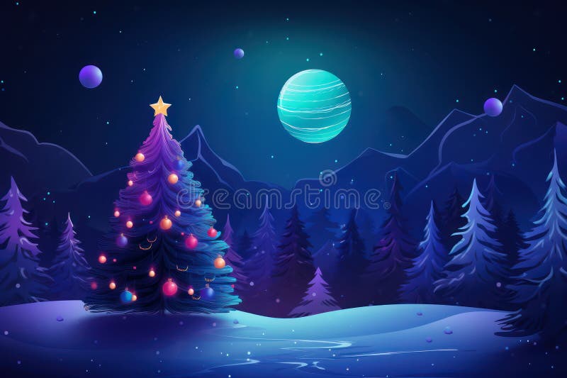Dive into a unique Christmas background, where synthetic waves blend seamlessly with pine trees and shimmering balls, all under the gentle glow of the moon..ai generated. Dive into a unique Christmas background, where synthetic waves blend seamlessly with pine trees and shimmering balls, all under the gentle glow of the moon..ai generated