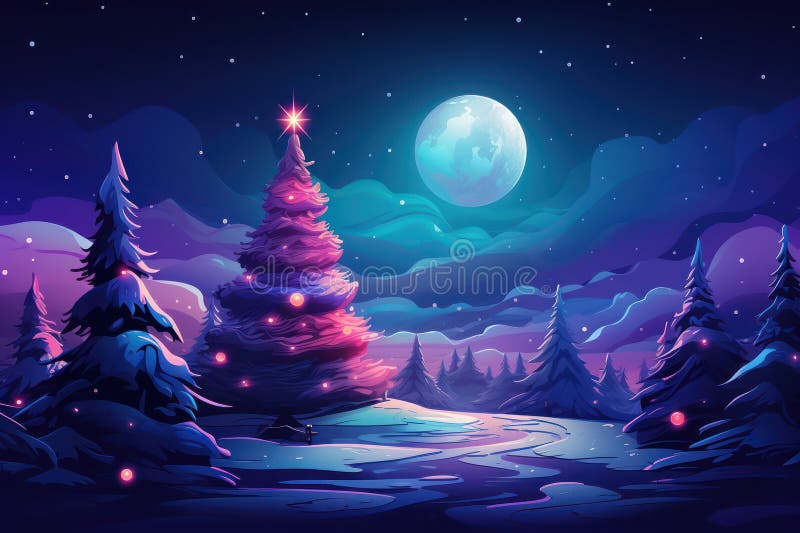 Dive into a unique Christmas background, where synthetic waves blend seamlessly with pine trees and shimmering balls, all under the gentle glow of the moon..ai generated. Dive into a unique Christmas background, where synthetic waves blend seamlessly with pine trees and shimmering balls, all under the gentle glow of the moon..ai generated