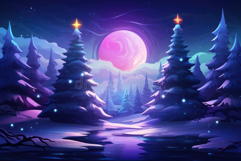 Dive into a unique Christmas background, where synthetic waves blend seamlessly with pine trees and shimmering balls, all under the gentle glow of the moon..ai generated. Dive into a unique Christmas background, where synthetic waves blend seamlessly with pine trees and shimmering balls, all under the gentle glow of the moon..ai generated