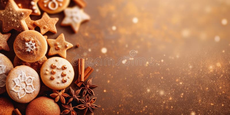 Festive banner with homemade cookies, sugar powder, neutral background, tasty bisquits close-up