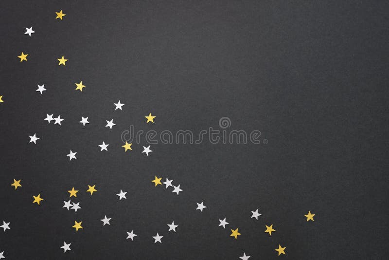 Festive Black Background with Silver and Gold Star Confetti, Empty ...