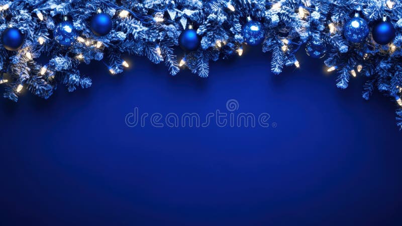 Fond festiv albastru de Crăciun cu garland decorativ și lumini stock photo