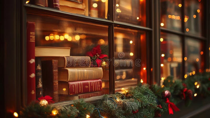 Festive Bookstore Window Display with Antique Books and Christmas Lights royalty free illustration