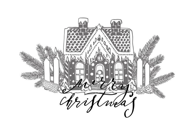 Festive cake in shape of village house decorated in Christmas style and branches of Christmas trees and Candle. New year royalty free illustration Festive cake in shape of village house decorated in Christmas style and branches of Christmas trees and Candle. New year royalty free illustration