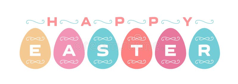 Festive card or poster in pastel with Easter eggs silhouettes and lineart elements. Happy Easter - horizontal Vector illustration royalty free illustration