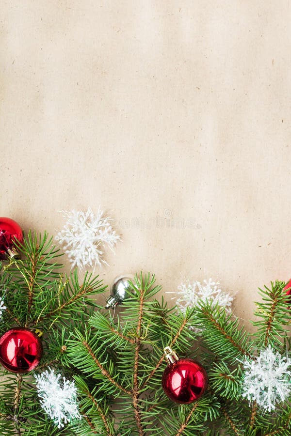 Festive Christmas Border with Red and Silver Balls on Fir Branches and ...