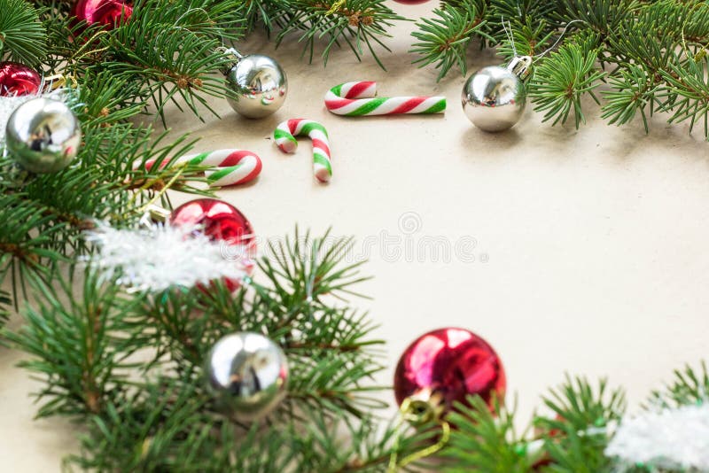 Festive Christmas Border with Red and Silver Balls on Fir Branches and ...