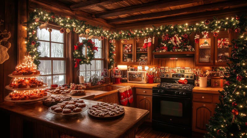 Festive Christmas Kitchen Decorated With Treats and Lights stock illustration