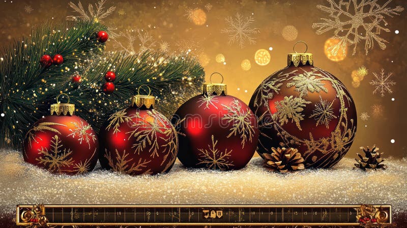 Festive christmas lever fortfarande med röda och gula prydnadsblad, pine cons och snö på varm bakgrund vektor illustrationer