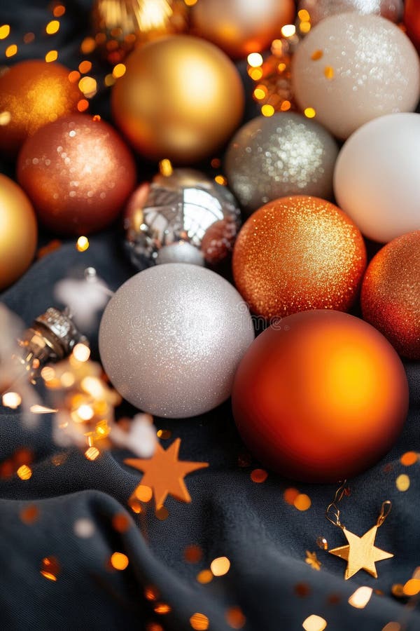 Festive christmas ornaments and twinkling lights on elegant fabric stock photos