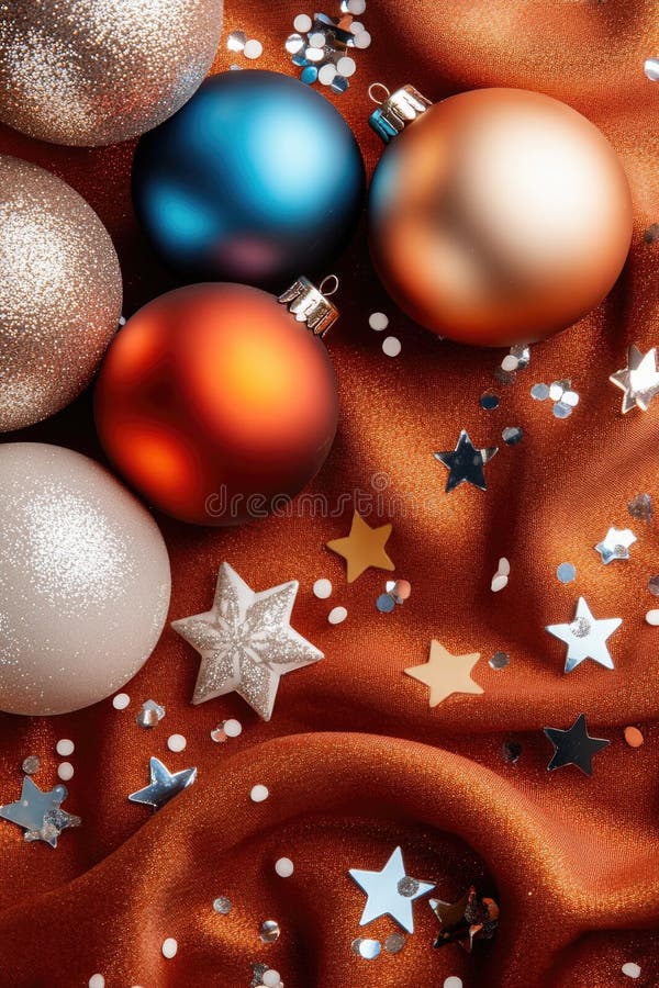 Festive christmas ornaments and twinkling lights on elegant fabric stock images