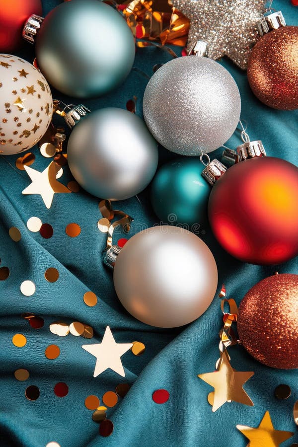 Festive christmas ornaments and twinkling lights on elegant fabric royalty free stock image