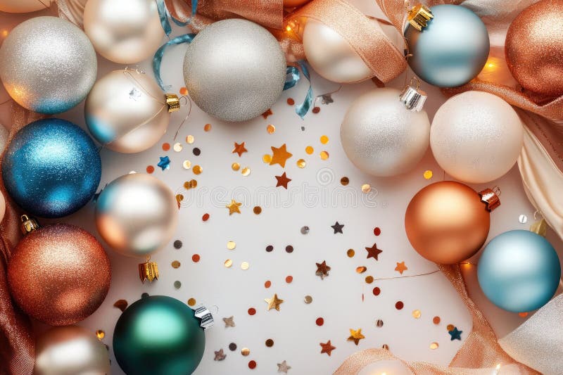 Festive christmas ornaments and twinkling lights on elegant fabric stock image