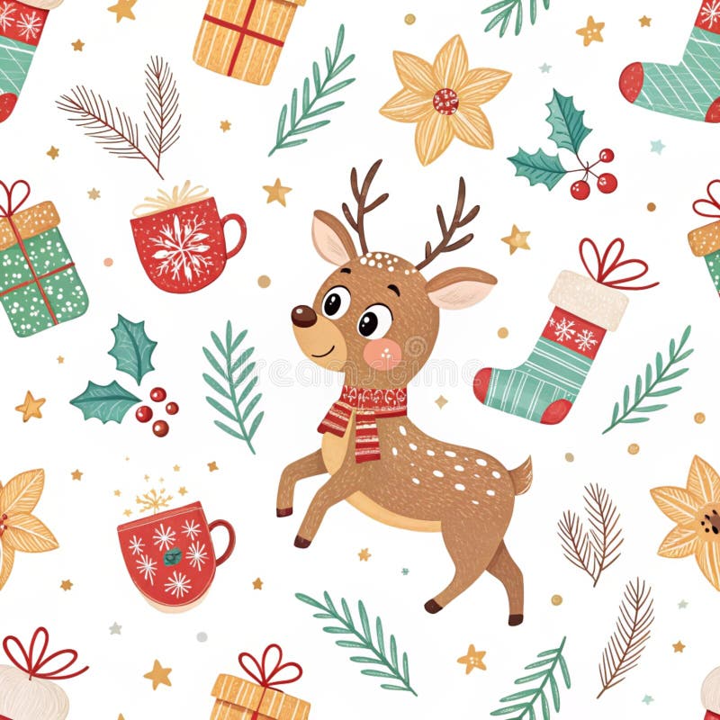 Festive Christmas pattern with cute deer, gifts, mugs, and holiday decorations royalty free stock image