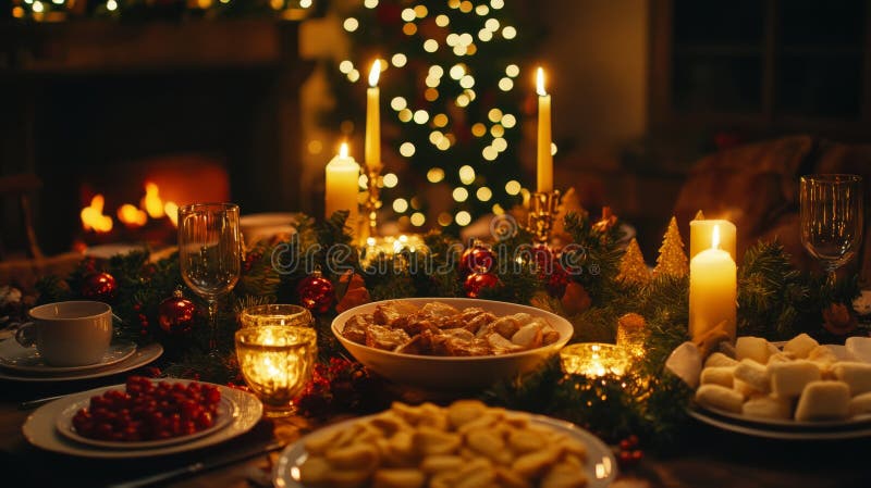 Festive Christmas Table Setting with Candlelight and Treats royalty free illustration